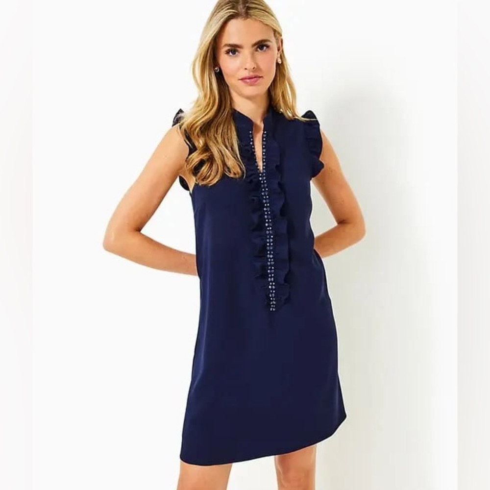 NEW Lilly Pulitzer Adalee Mini Easy Fit Ruffle Shift Dress True Navy Blue 10